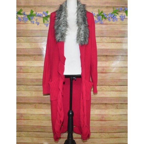 Jamie Gries Hot Pink Chunky Duster Cardigan Sweater Plus Size 1X Faux Fur Collar - Picture 1 of 12